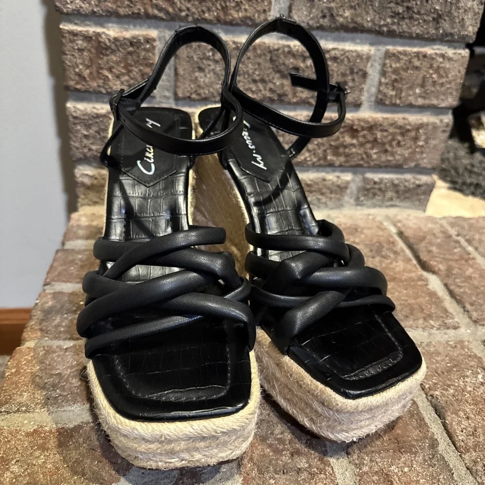 Womens Circus NY Sam Edelman Irene Black Faux Leather‎ Espadrille Sz 9.5 #114